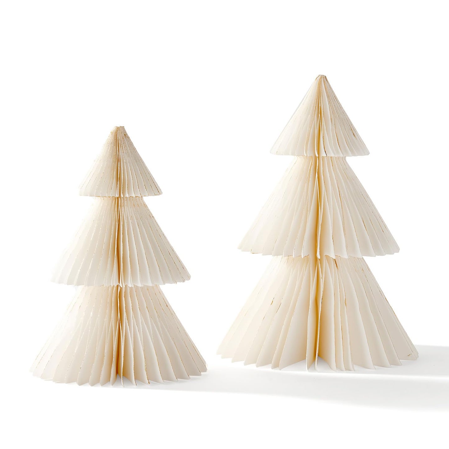 LampLust Paper Tree Decor, 2 Pack Honeycomb Paper Trees, 10 & 12 Inch, White & Gold Glitter Edge, Christmas Table Decor, Holiday Table Centerpieces, Christmas Decorations
