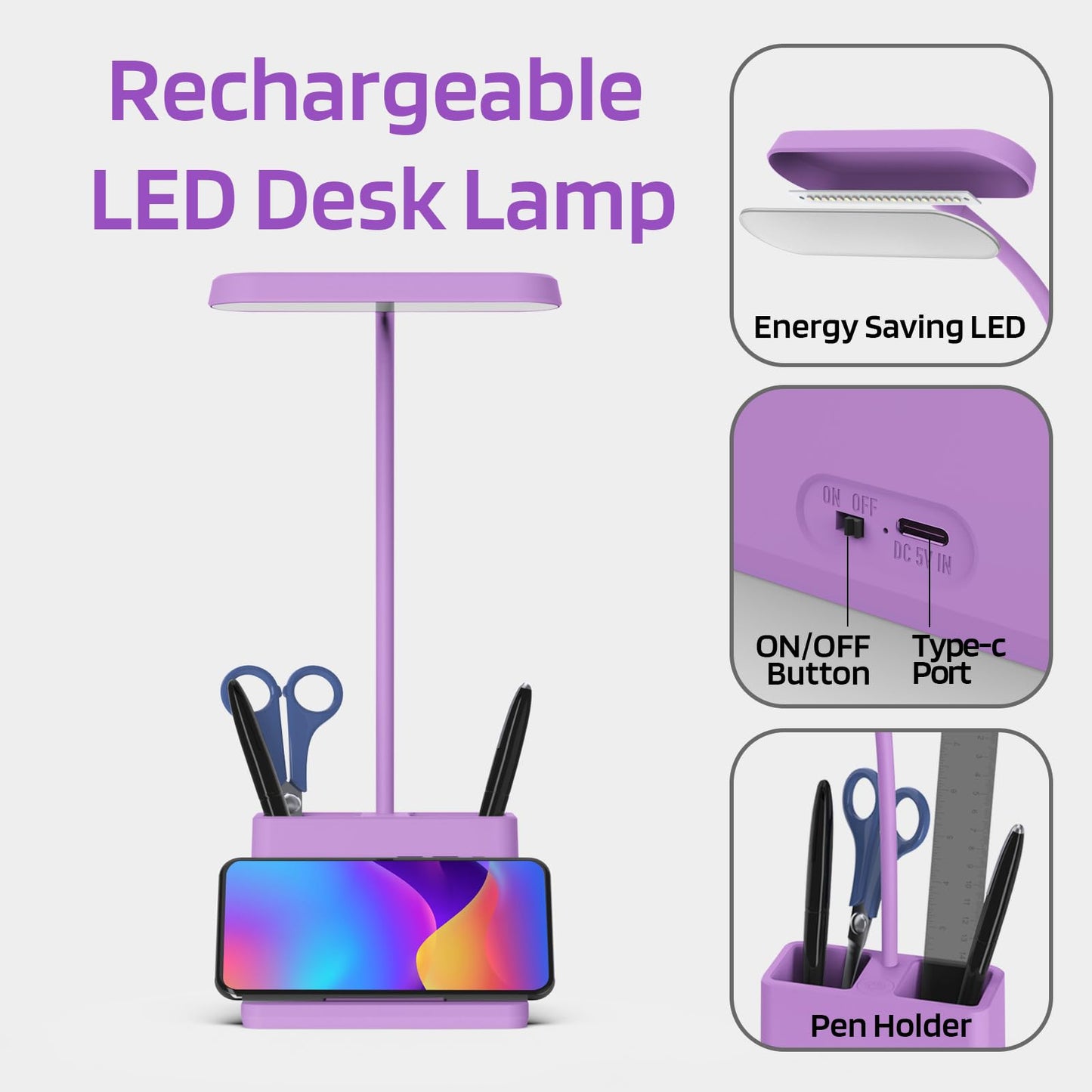 AXX Cute Purple Desk Lamp, Rechargeable Study Table Light for Home Office, Small, Battery Operated, LED, Flexible Gooseneck, Mini, Cordless, College Dorm Room Desktop Accessories for Teen Girls