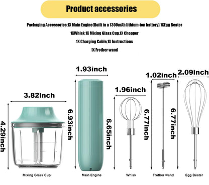 4-in-1 Electric Hand Mixer, Electric Whisk, Mini Onion Chopper 10Oz, Small Cordless Hand Blender, Milk Frother Wand for Coffee, Matcha, 4 Speed Rechargeable Food Processor for Baby Food Maker