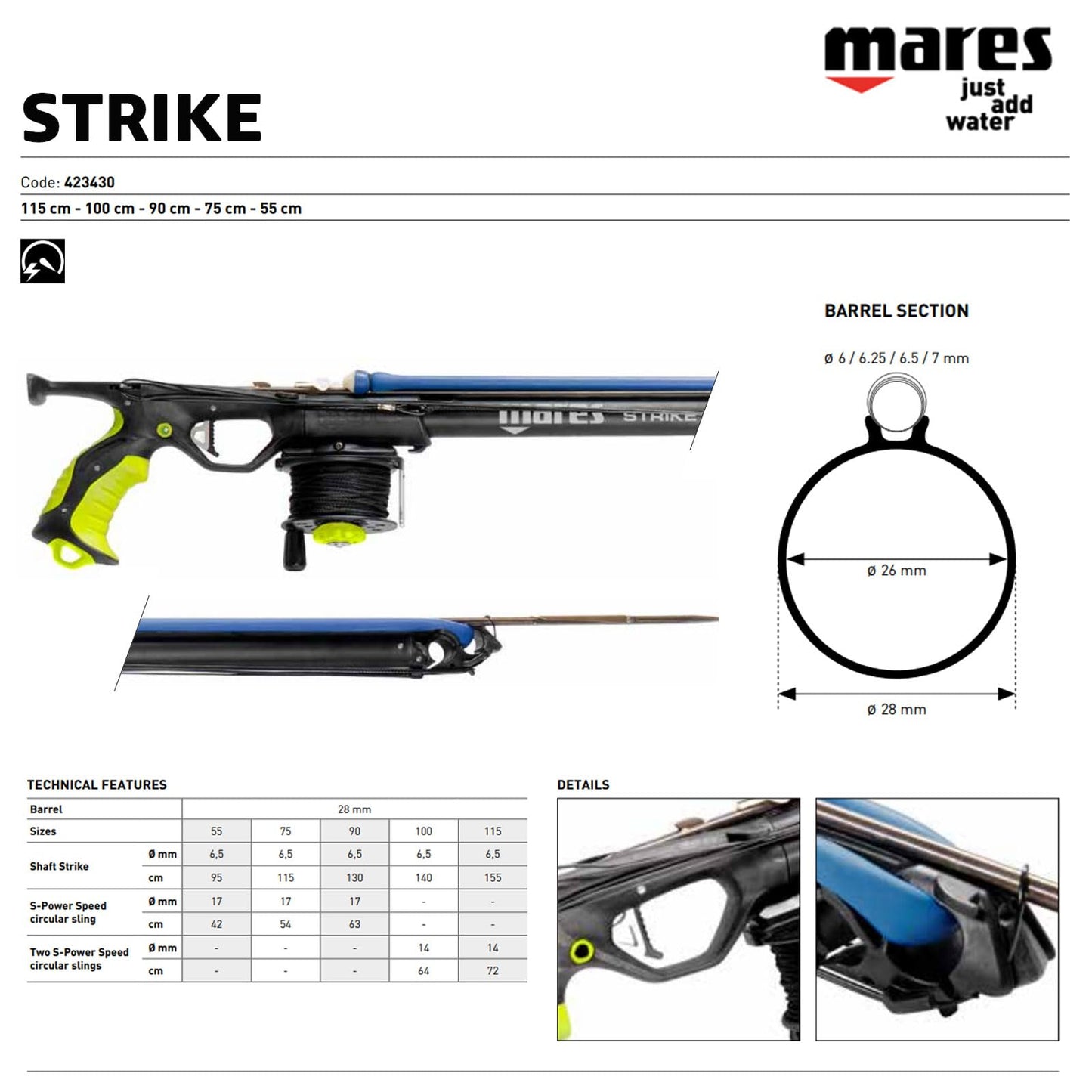 Mares Strike Speargun for Spearfishing | 28mm Barrel, Stainless Steel Release, 6.5mm Shaft, Ergonomic Handle & Horizontal Reel | Optimized for Oversized Bands & Accurate Shots, 55 cm