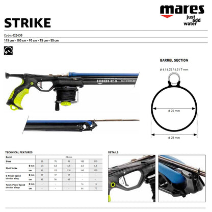 Mares Strike Speargun for Spearfishing | 28mm Barrel, Stainless Steel Release, 6.5mm Shaft, Ergonomic Handle & Horizontal Reel | Optimized for Oversized Bands & Accurate Shots, 55 cm