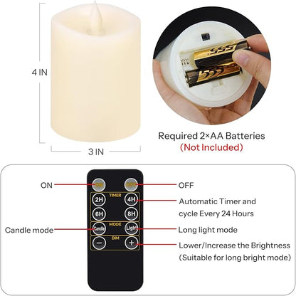 3x4 Flickering Flameless Candles Set of 1,Real Wax Pillar LED Candles with Battery,with Timer,4 inch Flameless Candles with Remote,for Christmas/Halloween/Party/Wedding,Ivory