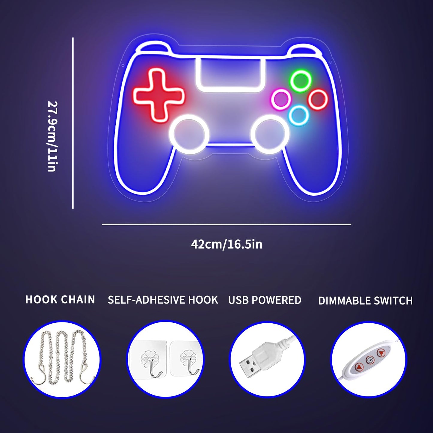 Gamepad Neon Sign - Dimmable USB Powered LED Light for Game Room/Teen Boy Bedroom Decor, Birthday Christmas Gift for Gamers