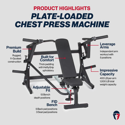 Titan Fitness Plate-Loaded Chest Press Machine with Adjustable FID Bench, 1000 LB Capacity, Converging Lever Arms for Bench Press, Chest & Back Home Gym Equipment