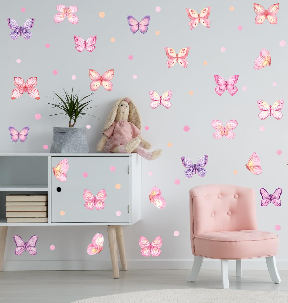 XUOIAYNB Pink Butterfly Wall Stickers,Butterflies with Plot Dots Vinyl Wall Decals, Removable Butterfly DIY Wall Art for Girl Bedroom Nursery Room Decor