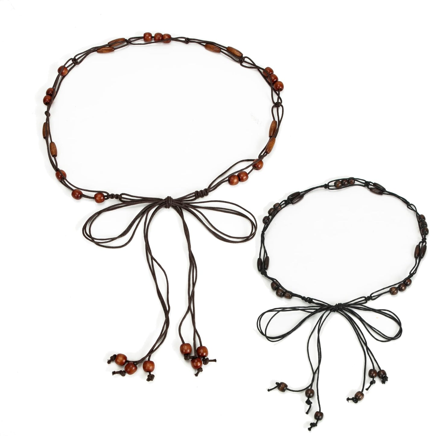 ILuvatar Women's tassel thin belt women's Bohemian style cross knotted hand woven belt Wooden beads waist rope 2pcs BLACK+ COFFEE