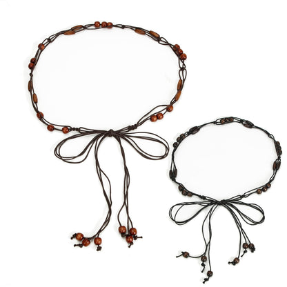 ILuvatar Women's tassel thin belt women's Bohemian style cross knotted hand woven belt Wooden beads waist rope 2pcs BLACK+ COFFEE