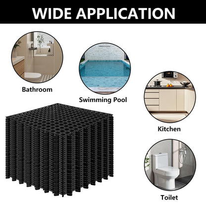 Interlocking Floor Tiles 12x12 Inch, 12 Pack Soft PVC Non-Slip Drainage Tiles with Holes for Bathroom, Pool Deck, Gym, Garage, Kitchen & Wet Areas, Easy Splicing Anti-Fatigue Mat, Black (12 Pack)