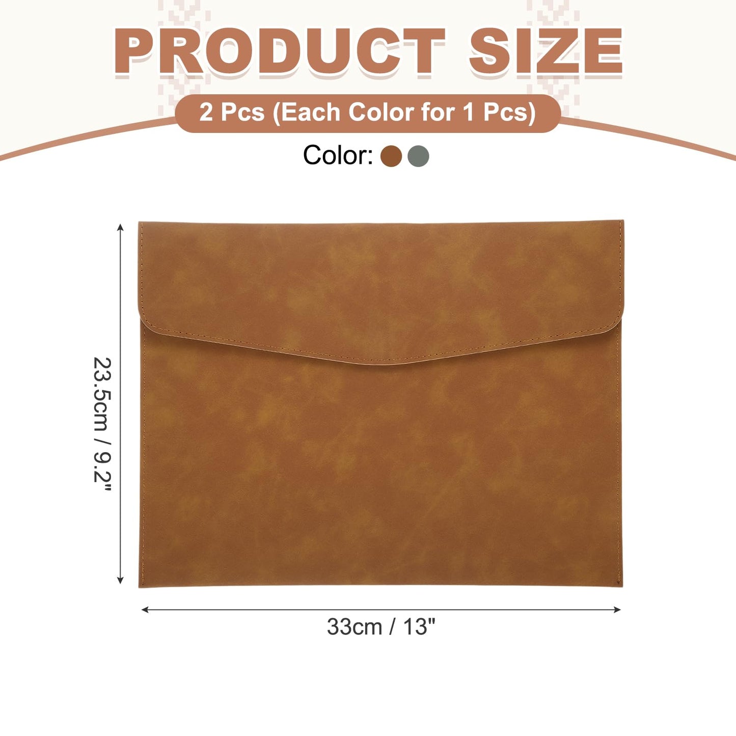 PATIKIL 2Pcs PU Leather File Folders, 13x9 A4 Document Holder Waterproof Envelope Folder with Snap Closure, Portable Portfolio Organizer Case for Paper Receipt, Brown/Gray