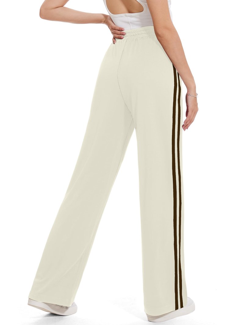 Tapata Regular Women's 30" Inseam Casual Pants Track Athletic Sweatpants Warm Up Loose Side Stripe Street Slacks, Beige, S