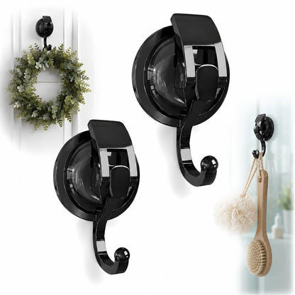 SOCONT Heavy Duty Vacuum Suction Cup Hooks, Matte Black Plated Polished Super Suction for Kitchen Bathroom, 2 Pack