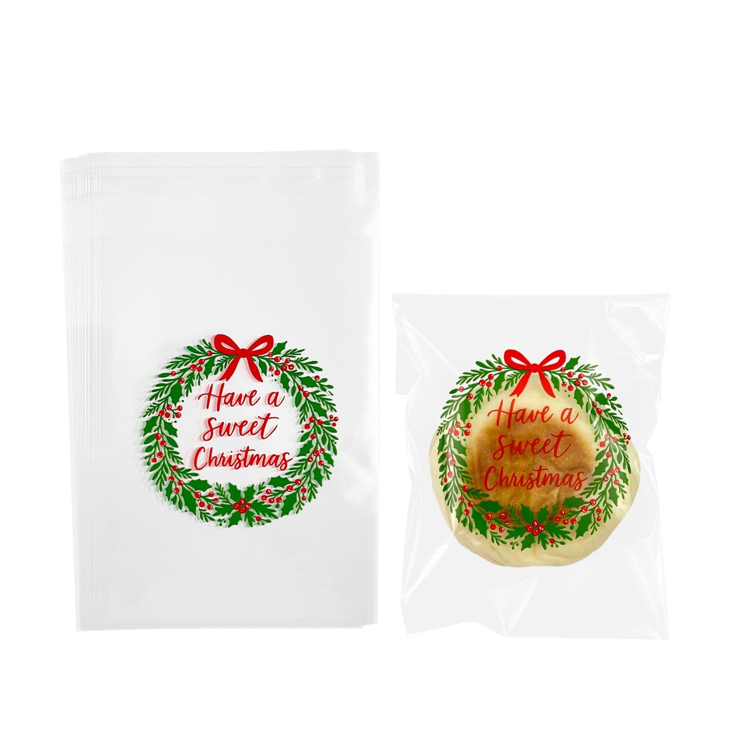EKAPACKAGING 200 Pcs 5x7 Inches Self Sealing Cellophane Bags, Christmas Print Cookie Bags with Seal, Resealable Treat Bags for Party Favors, Bake Sale Packaging, Individual Packaging