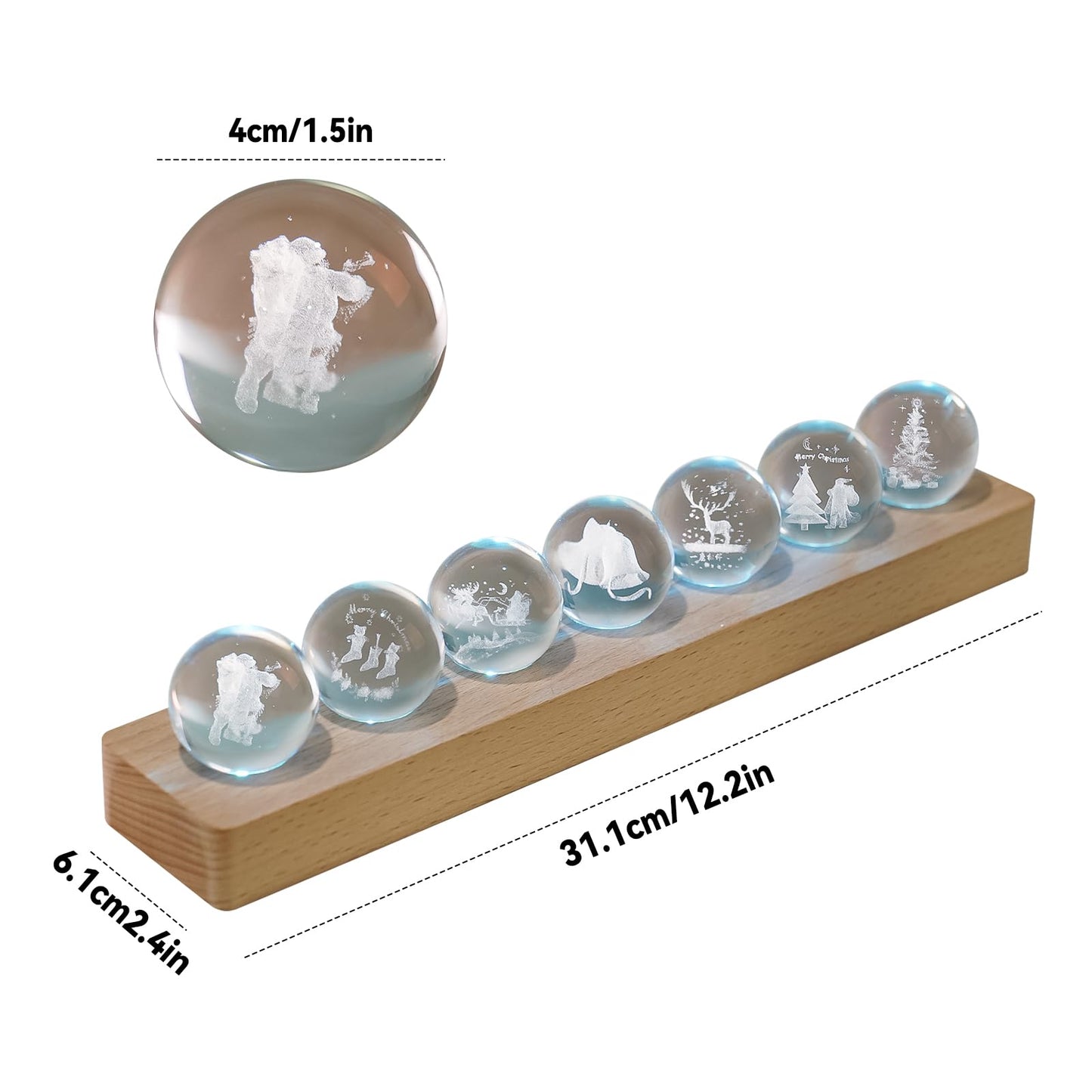 JOJOCY Christmas Glass Crystal Ball Light with Wooden Base, USB-Powered Colorful LED Night Lamp with 7 Christmas Tree Santa Claus and Elk Patterns for New Year's Gift
