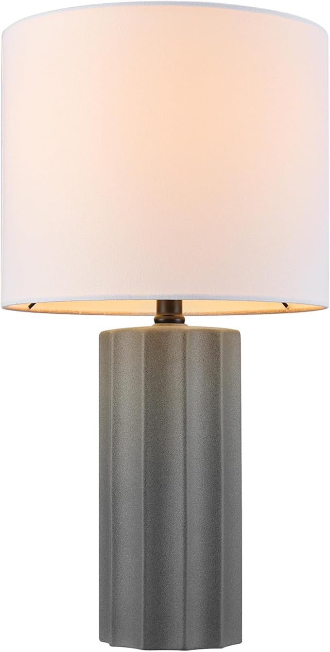 GLOBE Electric 61000061 20" Ribbed Ceramic Table Lamp, Dark Gray Concrete Finish, White Linen Shade, On/Off Rotary Switch on Socket, for Living Room, Bedroom, Office, Home Décor