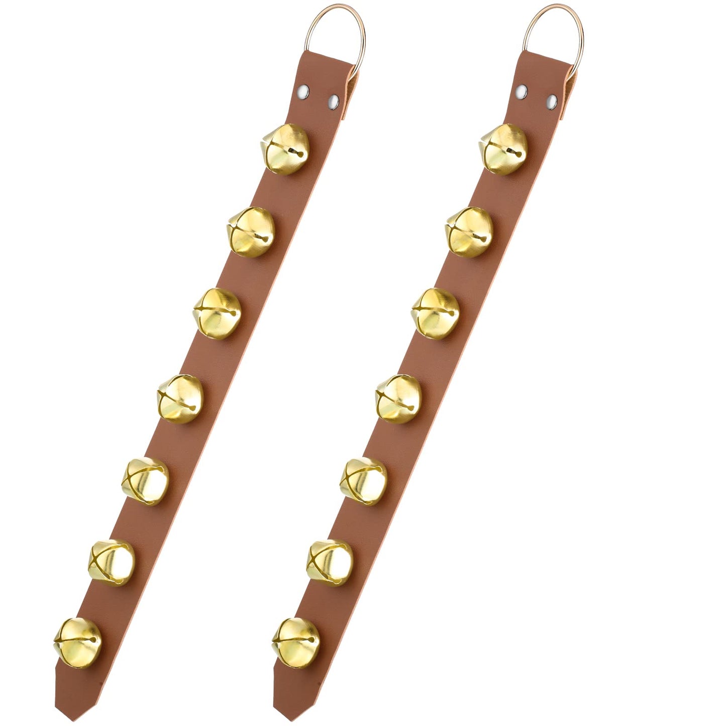 Frienda Hanging Jingle Sleigh Bells 7-Bell Dog Doorbells for Door Knob Faux Leather Belts Go Outside Dog Bells Christmas Decor and Holiday Decorations, 18.7 x 1.8 x 1 Inches(Light Brown with Gold)