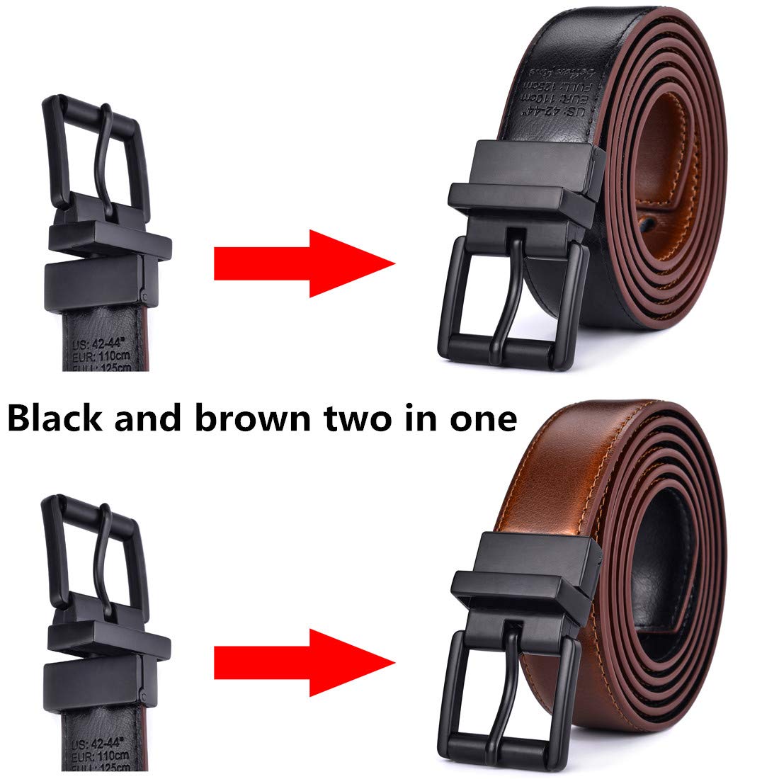 Beltox Men’s Belts Dress Casual Reversible Leather 1.1” w Roller Buckle Rotated(Black/Brown w Black Buckle, 38-40)