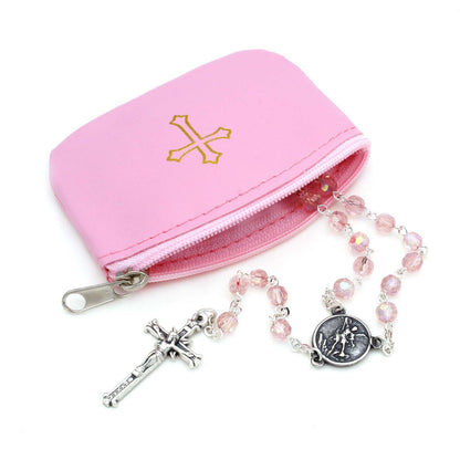 Pink Rosary Pouch with Zipper and Gold Cross Imprint for Women - Stylish Catholic Pouch, Perfect for Easter, Lent, and Religious Travel - Portable Gold Cross Rosary Holder