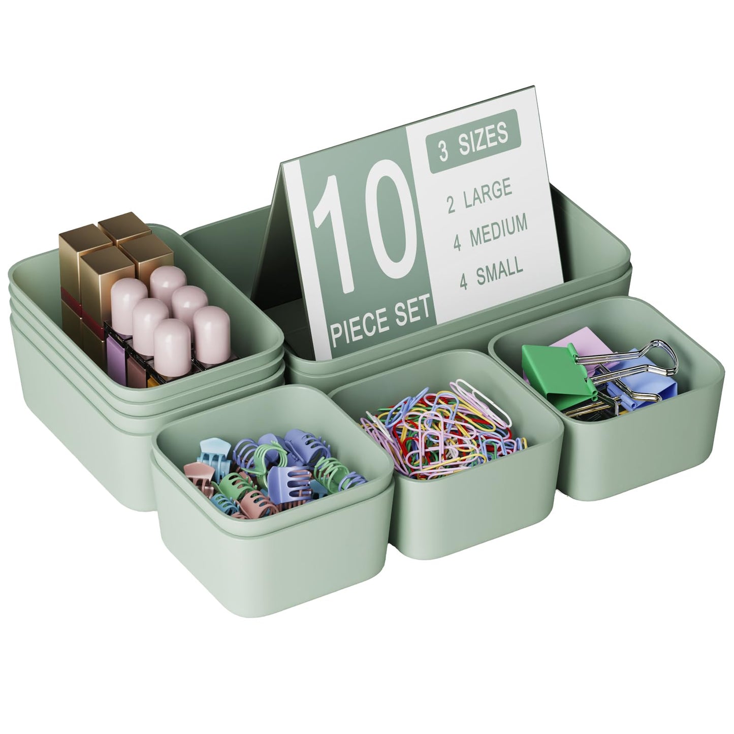 Plastic Drawer Organizers, 10 PCS Drawer Organizer Bins, Bathroom and Vanity Organizer Plastic Tray, Makeup organizer and storage for Makeup, Bedroom, Kitchen Gadgets Utensils and Office (Green)