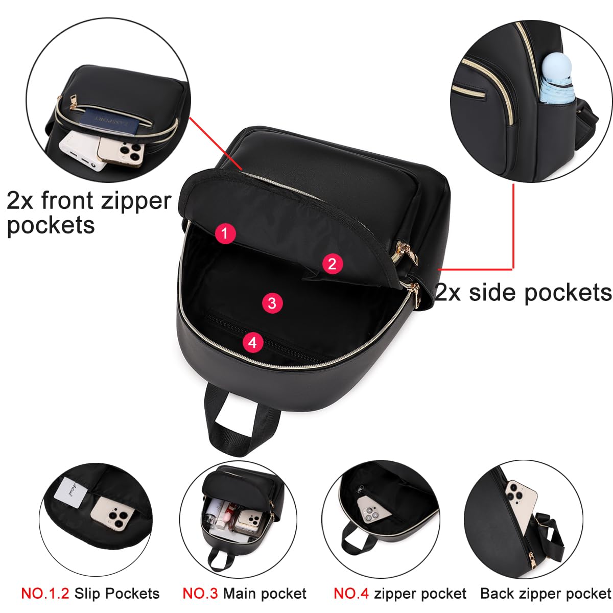 JIANLINST Mini Backpack Purse for Women PU Leather Small Backpack Fashion Multi Pockets Casual Daypacks Ladies Travel Shoulder Bags Black