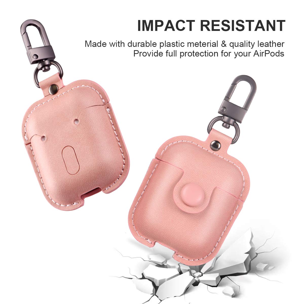 Maxjoy for AirPods 1/2 Case, Premium Leather Protective Cover for AirPods 1st & 2nd Generation with Keychain, Ear Hooks, Anti-Lost Strap and Watch Band Holder, Pink