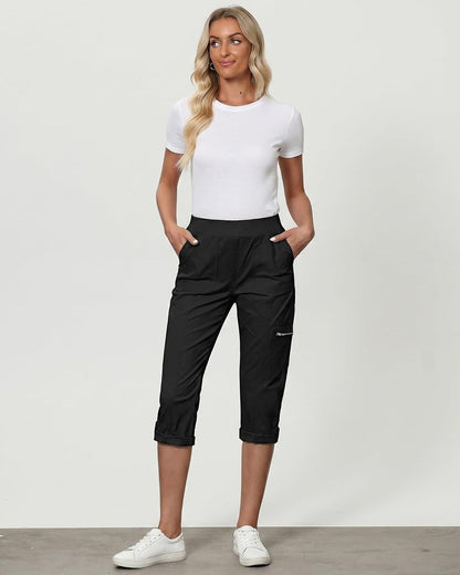 Capri Cargo Pants for Women - High Waisted Stretch Twill with Pockets | Comfortable Fit