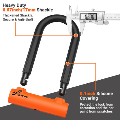 Sportneer Bike U Lock - Heavy Duty Anti Theft Bike Lock with 5ft Security Steel Cable - 17mm Shackle Bicycle U-Locks with Keys & Sturdy Mounting Bracket for Road, Mountain, Electric Bike - Orange