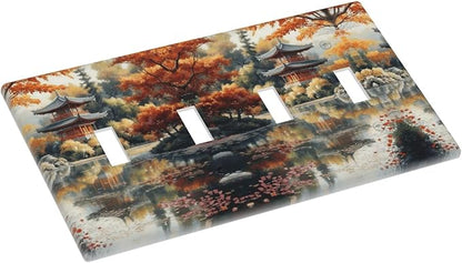 Decorative Art Light Switch Covers Lake & Pagoda in Fall Quad Toggle 4 Gang Wall Plate Switch plate Electrical Faceplate for Home Decor