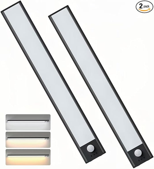 11.8in Motion Sensor Cabinet Light, 2 Pack Under Cabinet Lighting with 4 Modes (Auto Night/Day/Always On/Off), 3 CCT & Stepless Dimming, USB Type-C Charging, for Kitchen, Stairs