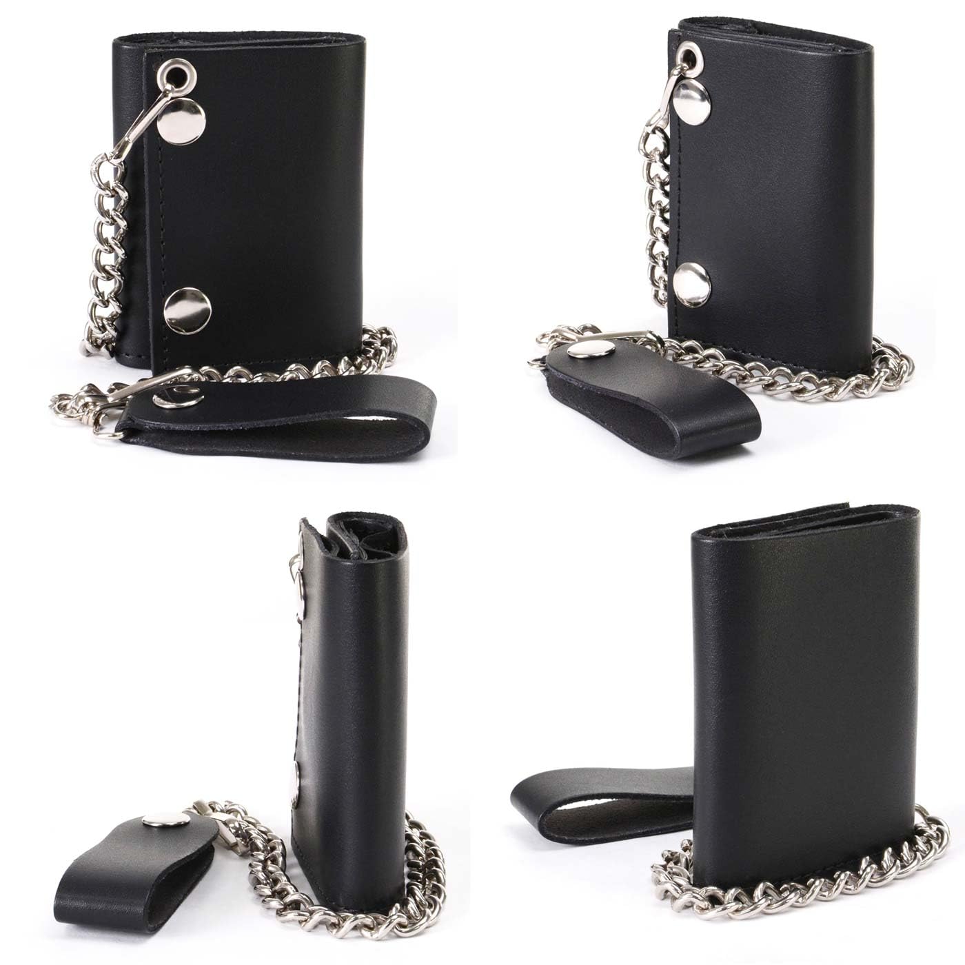 Milwaukee Leather MLW7831 Men's 4" Classic Black Plain Genuine Leather Tri-Fold Biker Wallet w/Anti-Theft Stainless Steel Chain - One Size
