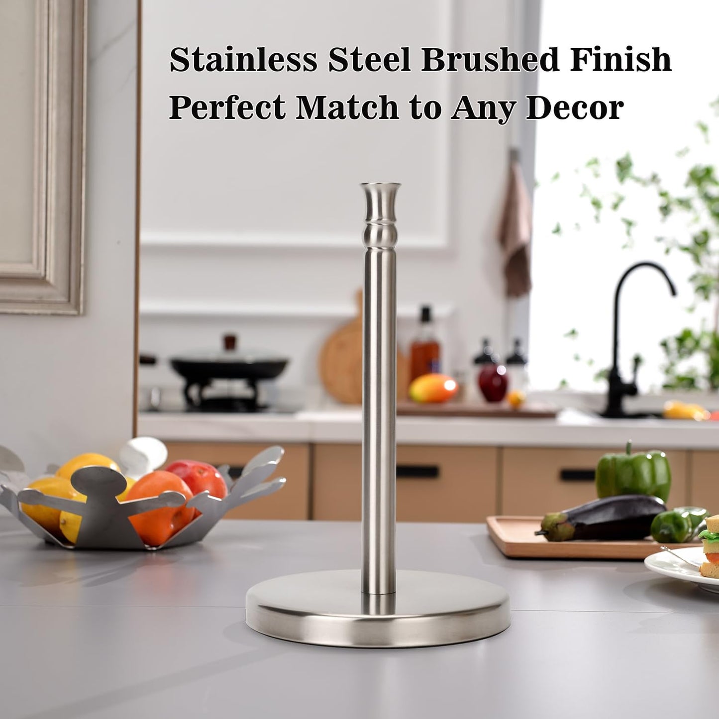 Sfemn Paper Towel Holder Countertop, Standing Paper Towel Roll Holder for Kitchen Bathroom, with Weighted Base for One-Handed Operation, No Wobbly (Brushed Nickel)