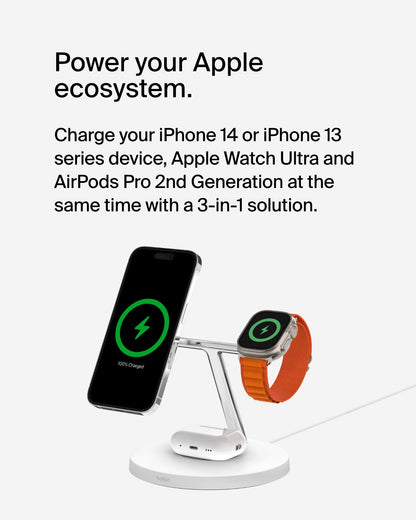 Belkin MagSafe-Compatible Charger, 3-in-1 Wireless Charging Station, Qi2-Certified 15W Wireless Charge for Apple iPhone 17 Series, Apple Watch, AirPods w/Non-Slip Base, 40W Included - Black