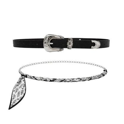 Women’s 2-Pack Belts – Faux Leather Skinny Jean Belt and Scarf Chain Belt – Stylish Waist Accessories for Everyday Wear (Black with B/W Scarf Belt, L/XL)