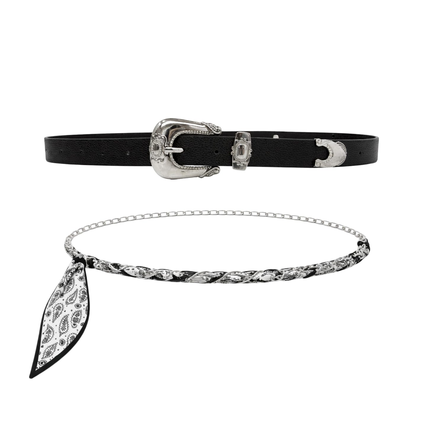 Women’s 2-Pack Belts – Faux Leather Skinny Jean Belt and Scarf Chain Belt – Stylish Waist Accessories for Everyday Wear (Black with B/W Scarf Belt, S/M)