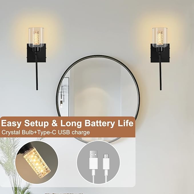 Glass Battery Wall sconces Set of Two with Remote, Stepless Dimmable Wireless Glass Wall Sconces with Crystal Bulb, Rechargeable Sconce for Bedroom, Black