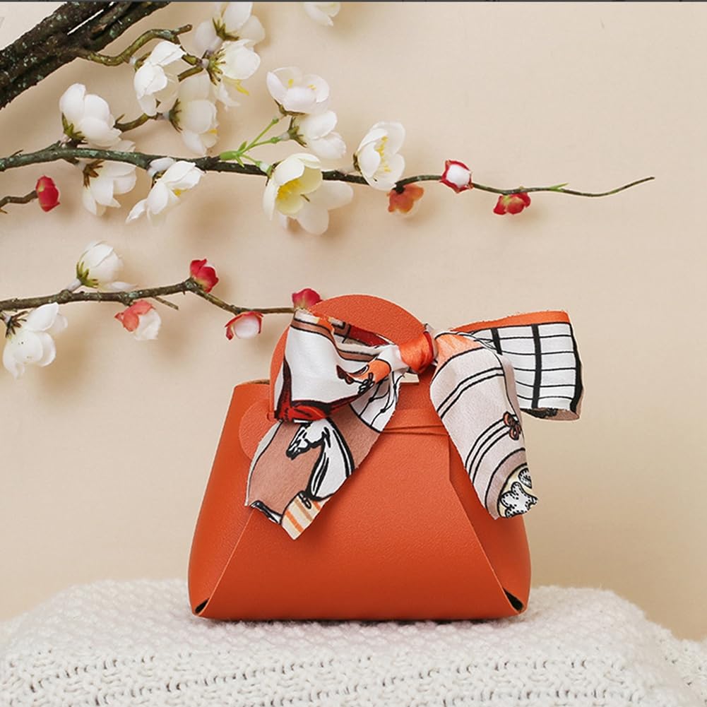 CALFOVERA 12 Pack Leather Purse Ribbon Candy Bags Orange PU Wedding Gift Treat Bags with Handle Ribbon Reusable Party Favor Boxes for Weddings Birthdays Christmas Halloween Party Decoration