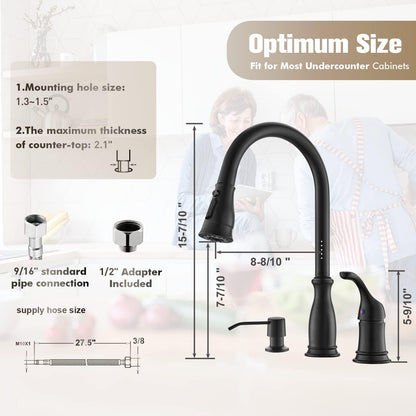 APPASO 3 Hole Kitchen Faucet with Pull Down Sprayer, Kitchen Faucets with Soap Dispenser, 3 Pieces Kitchen Sink Faucet with Separate Handle, Matte Black Kitchen Faucet 3 Hole, 218MB