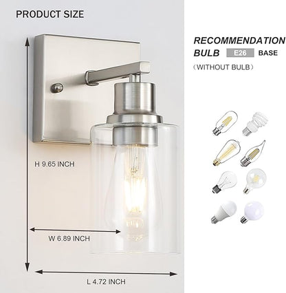 Modern Wall sconces Set of 2，Bathroom Vanity Light fixtures, Brushed Nickel Wall Light with Glass Shade, Farmhouse Wall sconces for Mirror,Bedroom,Living Room，1-Lights