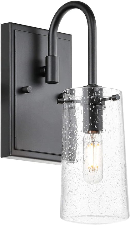 XiNBEi Lighting Wall Sconce, Industrial 1 Light Vanity Sconce Light Seeded Glass Bathroom Wall Light Matte Black Finish XB-W1283-1-MB