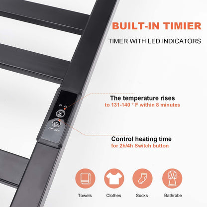 Towel Warmer Heated Towel Bar-Rack - Nopwer Bathroom Wall Mounted Electric Towel Drying Plug-in Matte Black 8 Bars