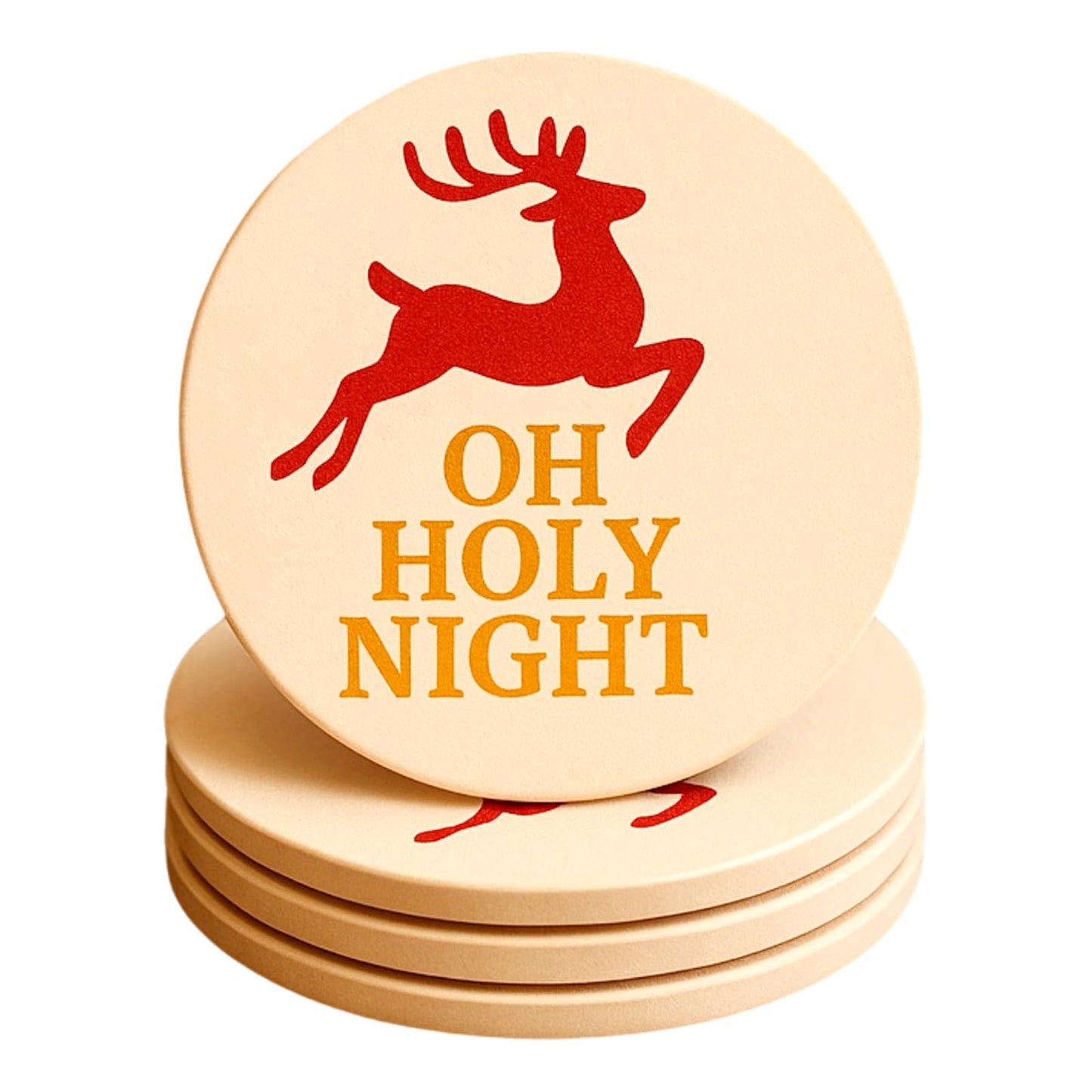 Christmas Ceramic Coasters Set of 4,“Oh Holy Night” Reindeer Absorbent Stone Drink Coasters with Non-Slip Cork Backing for Coffee Table, Holiday Party, Winter Home & Kitchen Decor