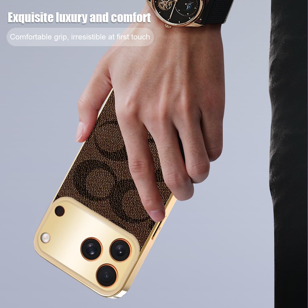 Sriyso Designer Case for iPhone,Luxury Classical Vintage Leather for Women Girl,Camera Protection,Electroplating Frame Anti-Fingerprint Military Grade Drop Shockproof Cover（Gold,iPhone 16 Plus