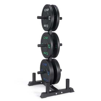 CAP 190 lb Economy Olympic Bumper Plate Set with Storage Rack, 2-Inch Olympic Plates, Medium Bounce Rubber Weight Plates with Steel Hub, 6 Weight Posts & 4 Barbell Holders for Weightlifting, Strength Training & Home Gym Workouts