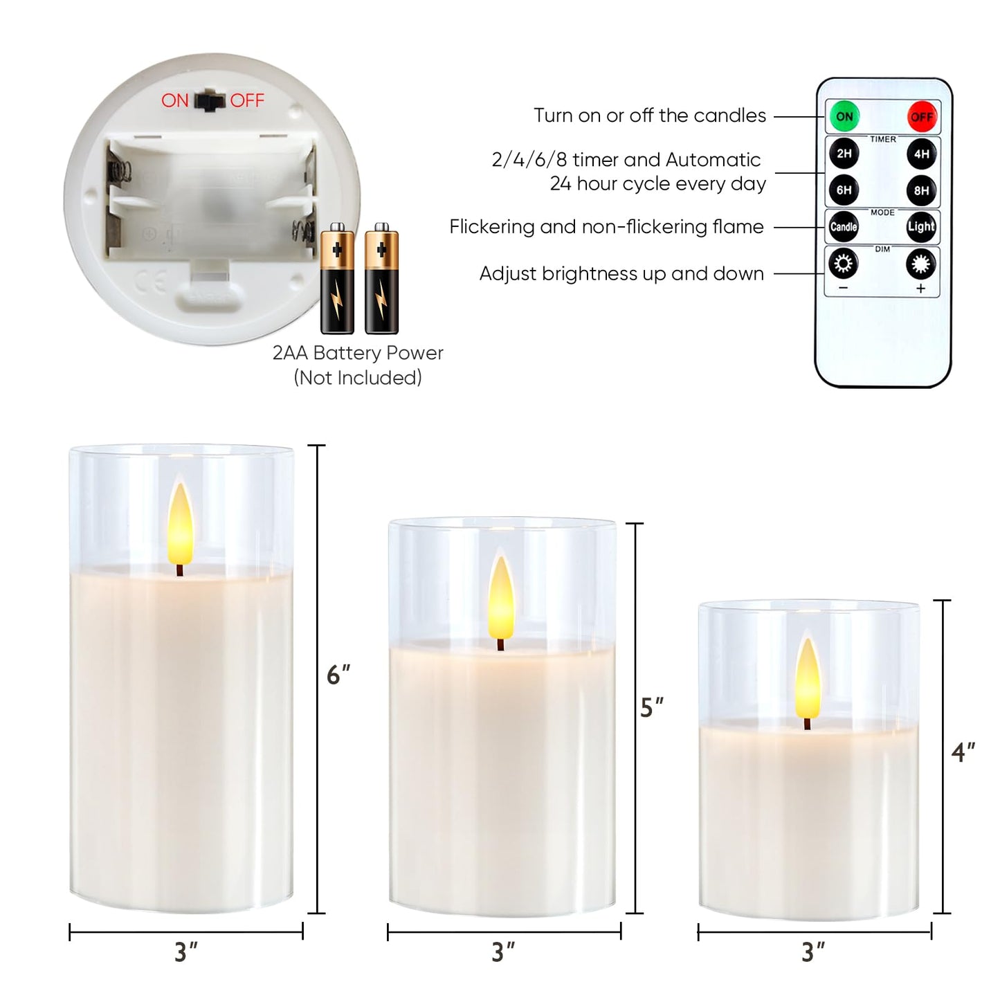 5plots Glass Battery Operated White Flameless Candles with Remote Timer, 3D Wick Real Wax Pillar Led Candles Warm Flickering Light for Indoor Home, Halloween, Christmas Decor, Set of 3, D3 x H4 5" 6"