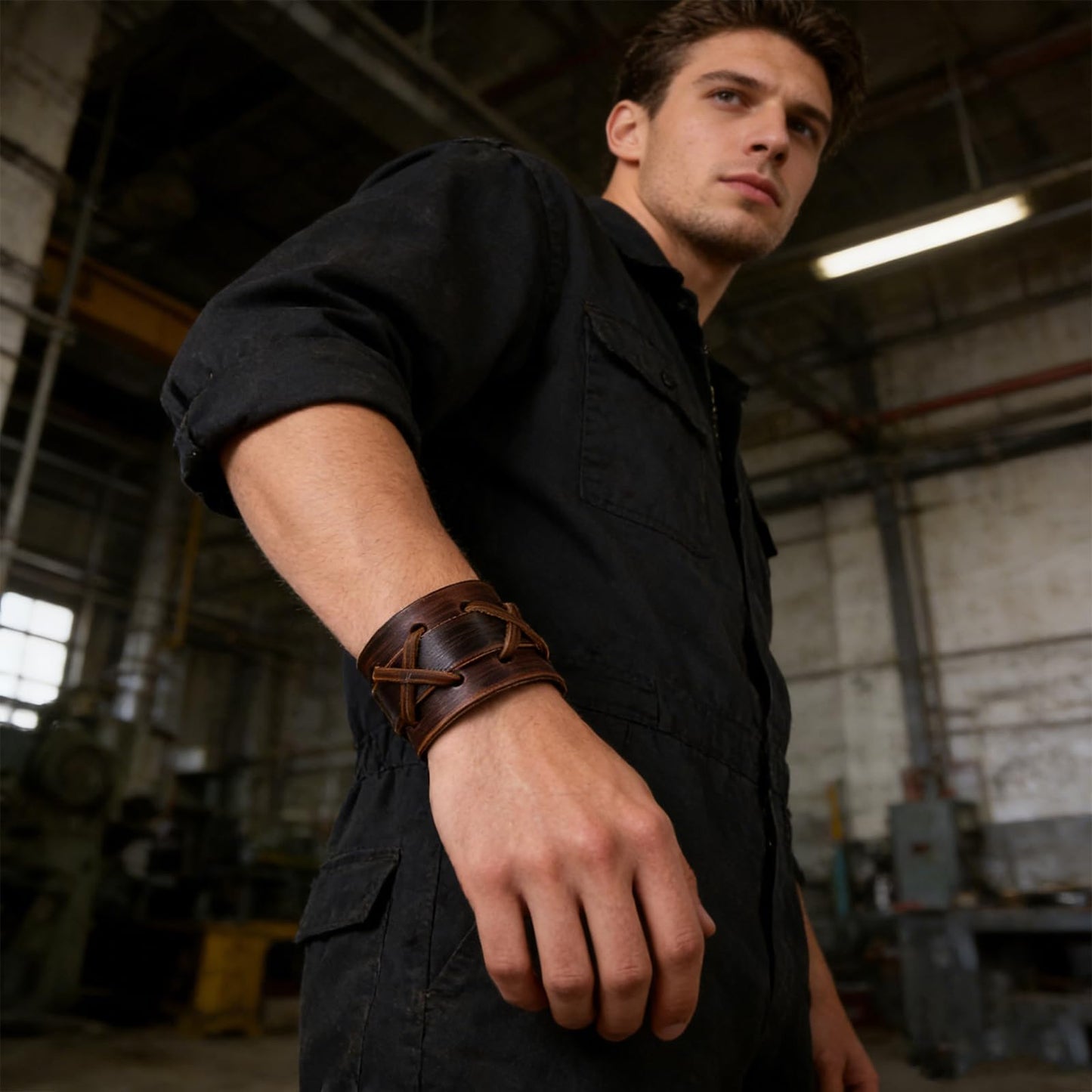 HZMAN Authentic Wide Genuine Leather Casual Mens Brown Cuff Bangle Bracelet