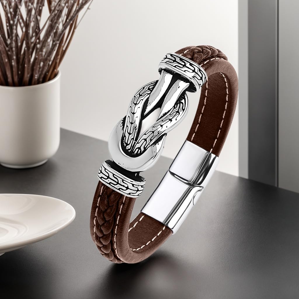 LJWVX Men's Braided Brown Leather Bracelet Wristband Cuff Bracelet for Men Gifts Stainless Steel Clasp