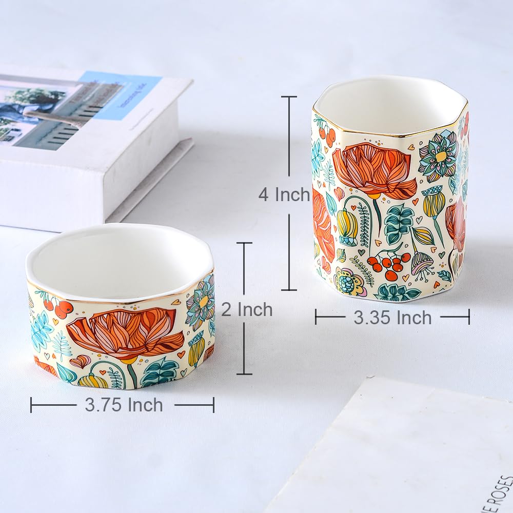 Aesthetic Desk Organizer Set of 2 For Office, Pen Holder and Paper Clip Holder Dispenser, Ceramic Cute Pencil Cup for Desk, Desktop Accessories, Office Decor, Ideal Gifts for Women, Mom (Flower)