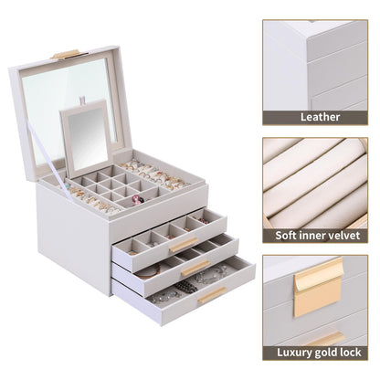 BOOVO Clear Lid Jewelry Box,3 Layers Jewelry Organizer Large Jewelry Storage Box with 2 Drawers,Jewelry Holder Organzier of Rings Earrings Necklace Bracelets for Women (White, 4 Layer)
