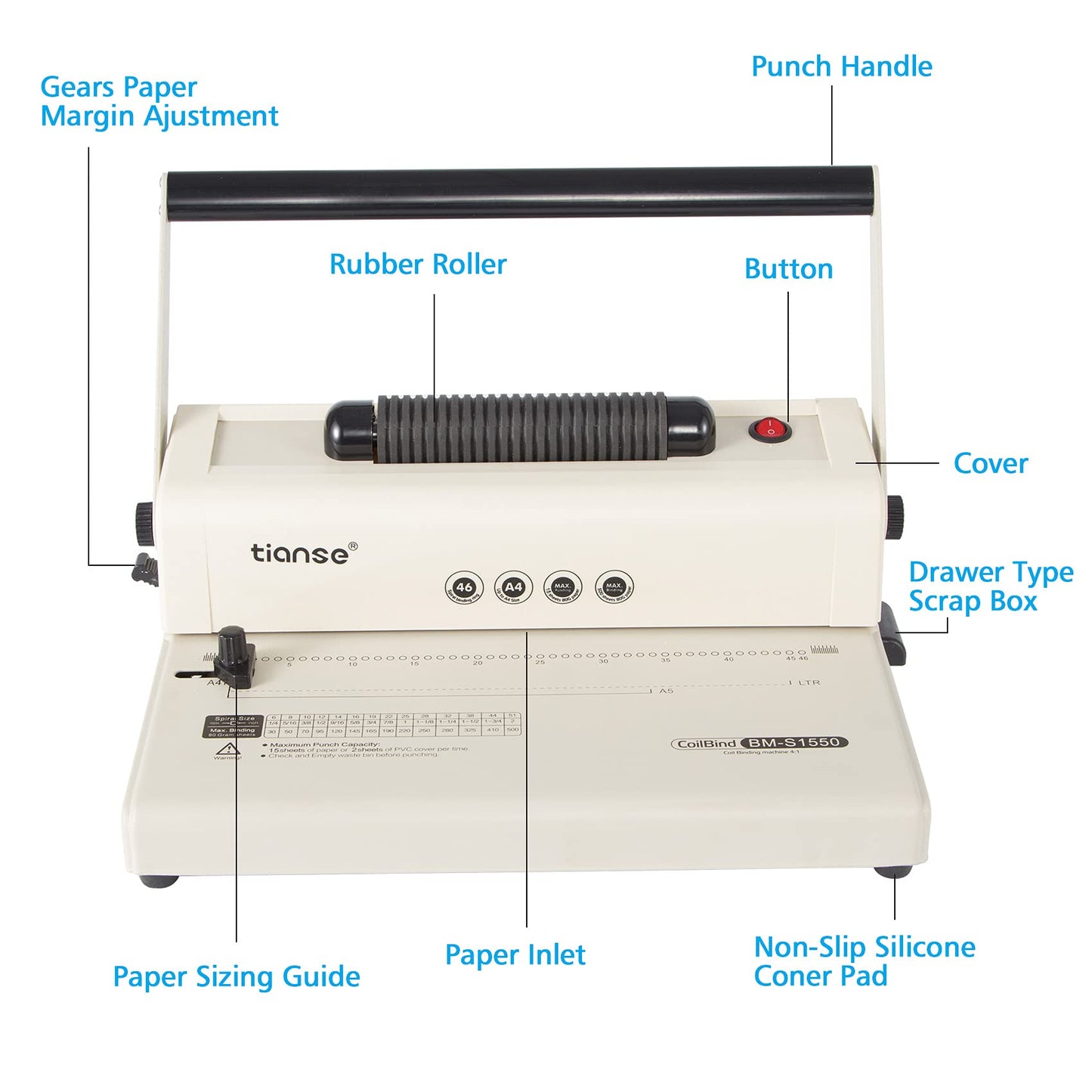 TIANSE Coil Binding Machine, Electric Coil Inserter, Manual Round Hole Punch, 15 Sheets Punch Capacity, Perfect for Letter Size / A4 / A5, Comes with 100pcs 5/16'' Plastic Coil Binding Spines & Plier