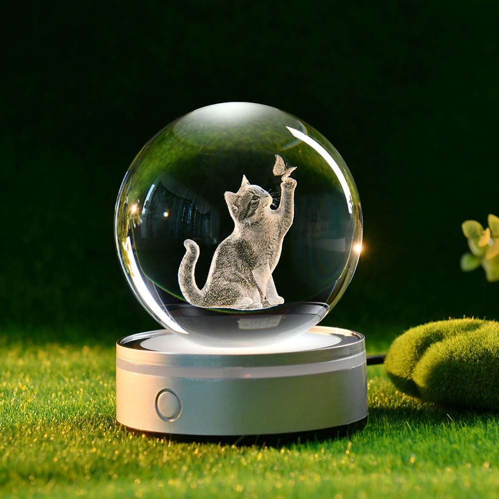 ZRENJHUS 3D Cat Crystal Ball Gifts for Women 80mm Cat Lover Gift for Her Glass Sphere Kitten Night Light with 12 Colorful Modes Light Base