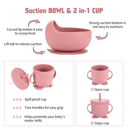 Losecu Silicone Feeding Set|Baby Led Weaning Supplies|Suction Plate Bowl Set with Bib, Spoon, Fork, Sippy Cup|Feeding Eating Supplies BPA Free